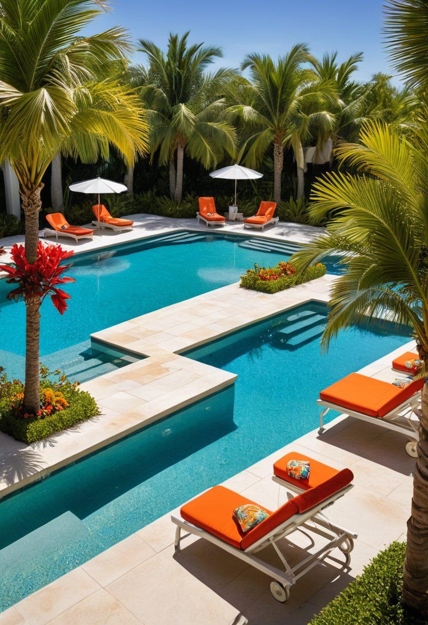 A stunning poolside scene featuring an array of colorful, stylish swimwear neatly displayed on lounge chairs. Palm trees sway gently in the background under a bright blue sky, with sun loungers and a refreshing pool in view. Vibrant umbrellas provide shade while a cocktail with a tropical garnish sits nearby. The image captures the essence of a luxurious summer day, inviting beachgoers to dive in. super-realistic. vibrant colors. summer vibe.