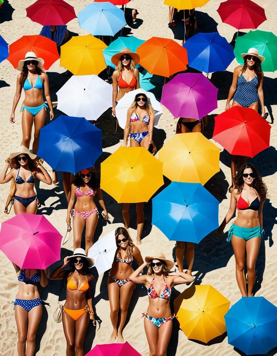 A vibrant beach scene showcasing a diverse group of fashionable women modeling the latest bikini trends, featuring chic to cute styles. Incorporate colorful beach umbrellas, sandy shores, and playful beach accessories like hats and sunglasses. The women should exude confidence and joy while enjoying the sun and surf. Capture the essence of summer with bright, warm colors and lively expressions. super-realistic. vibrant colors. sunny beach backdrop.